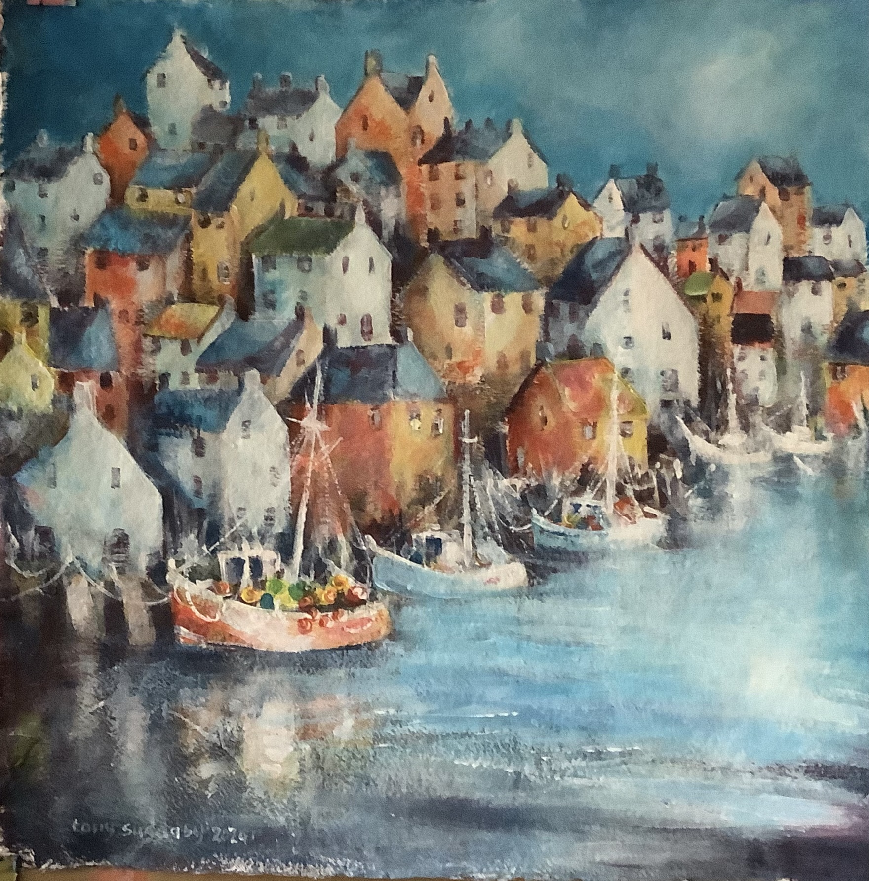 A Colourful house scene on the coast, Robin Hoods Bay